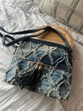 Dasein Denim Fringe Crossbody Bag with Tassel 11" wide by 9" tall